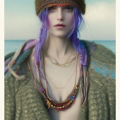 Dreamy Woman in Crochet Balaclava: Art Nouveau Portrait