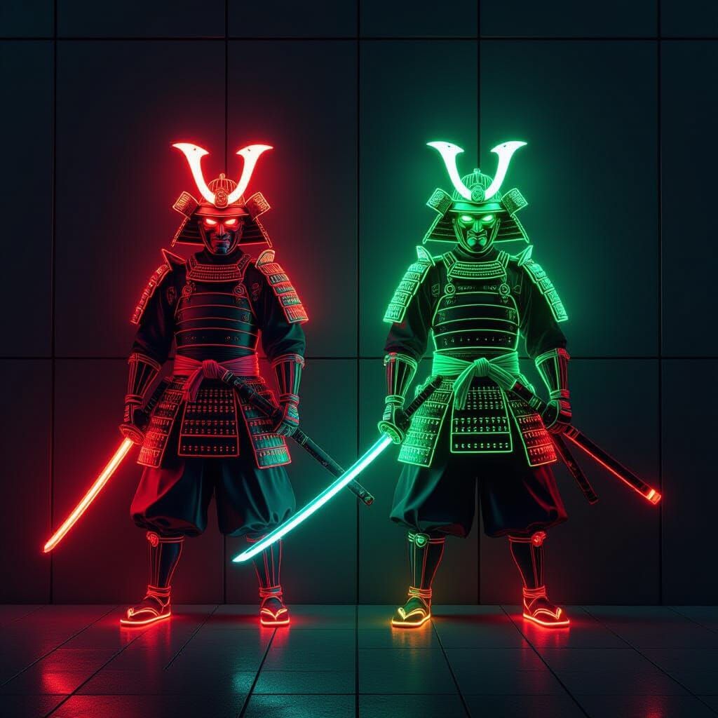 Neon Samurai Wall Art in Hyperrealistic Style
