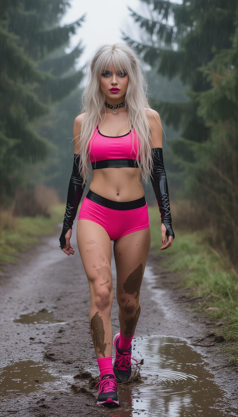 Gothic Emo Runner in Latex Jogging Through Wet Woods