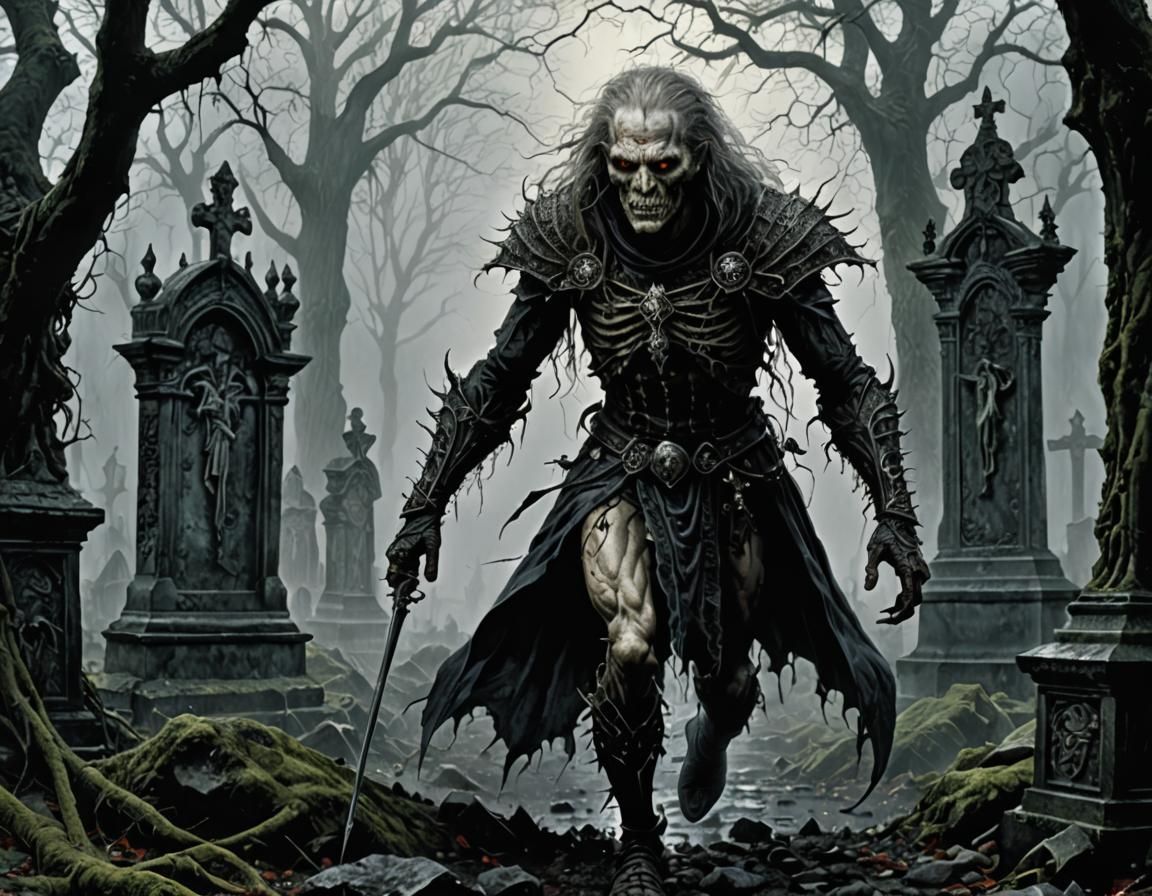 Grotesque Ghoul Walks in Eerie Medieval Cemetery
