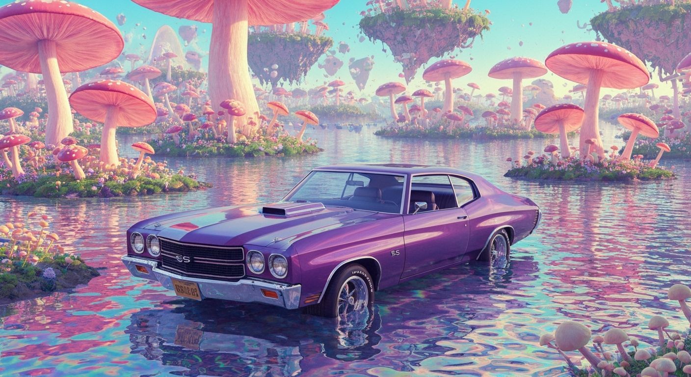 Surreal 1972 Chevelle in Iridescent Mushroom Landscape