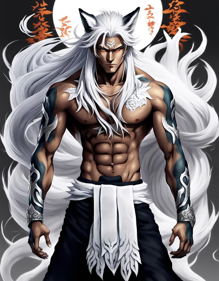 Hyperrealistic Kitsune Hybrid with Silver Hair