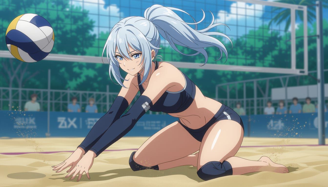 Anime Jett Mid-Dive in Beach Volleyball Match