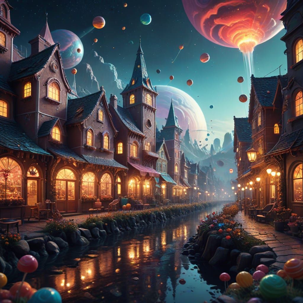 Whimsical Candy Metropolis Digital Painting