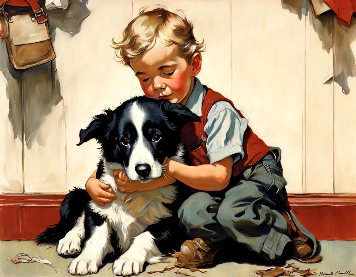 Boy and Puppy Hug: A Rockwell-esque Scene