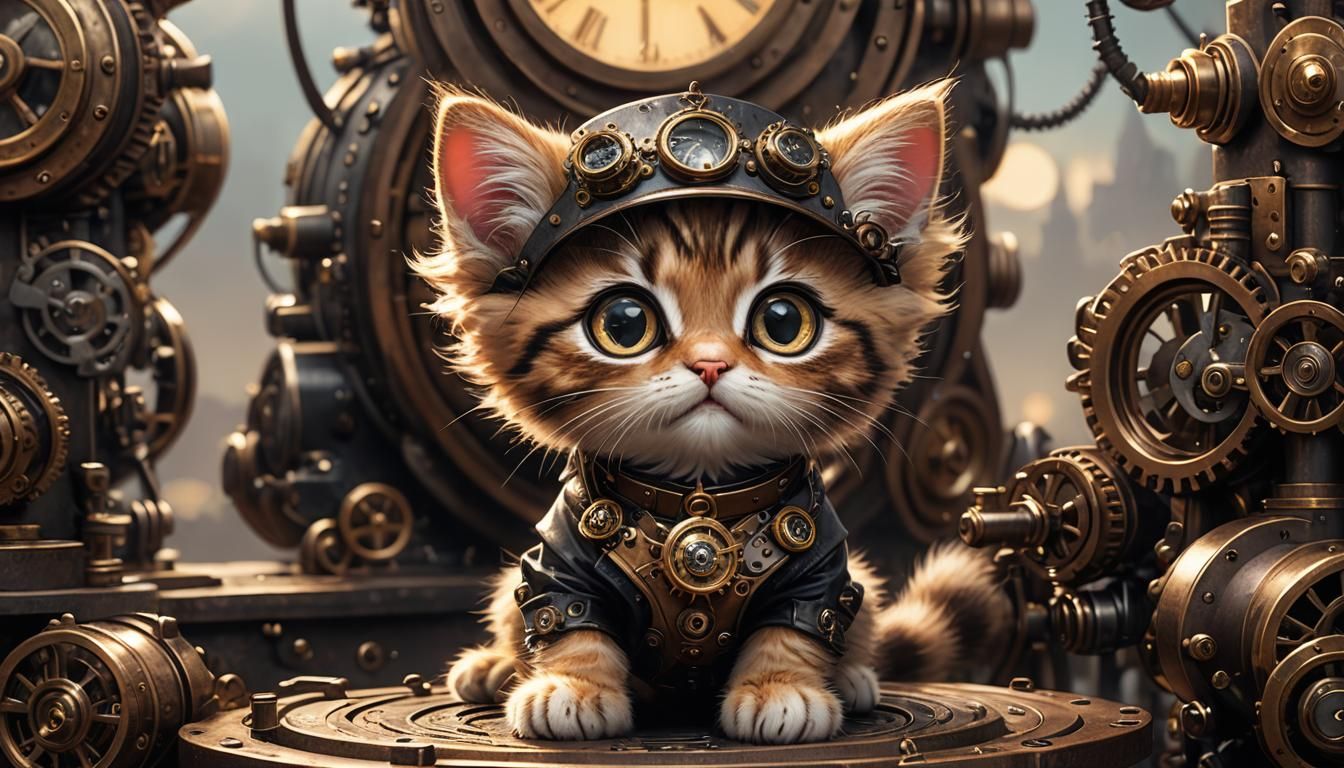 Steampunk Kitten with Clockwork Landscape