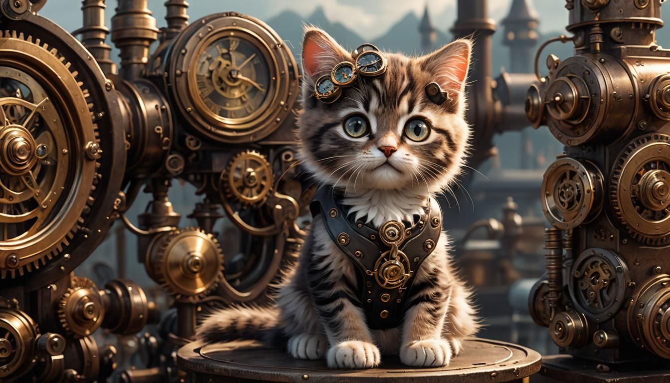 Steampunk Kitten with Clockwork Landscape