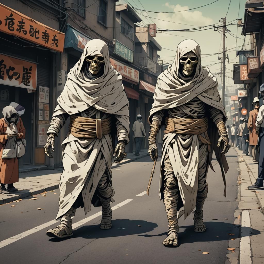 Halloween Mummies Strolling: Cel-Shaded Anime Style