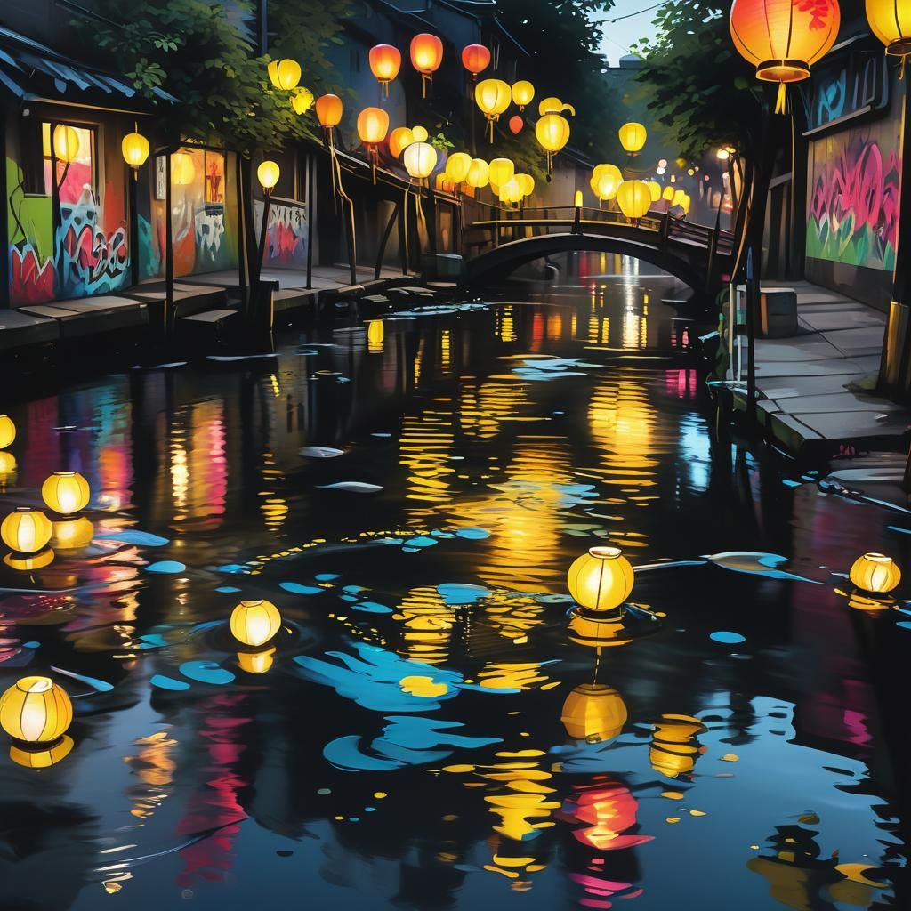 Vibrant Lanterns and Street Art at Dusk