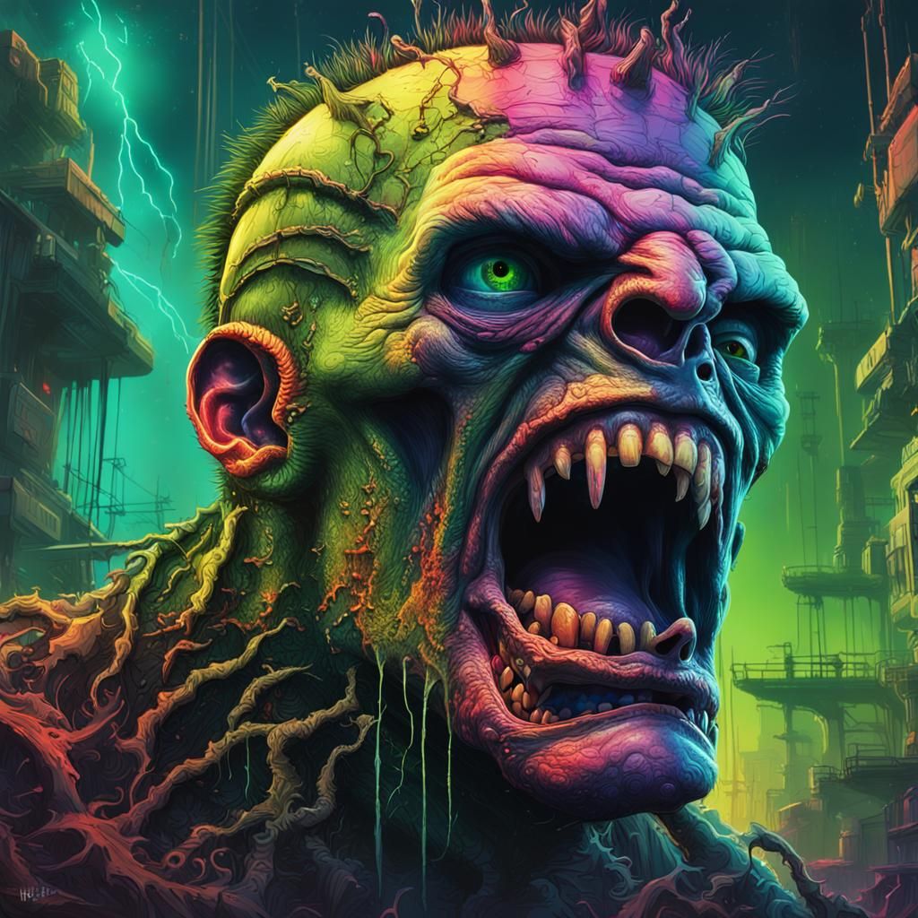 Frankenstein's Monster Portrait in Post-Apocalyptic Neon Jun...