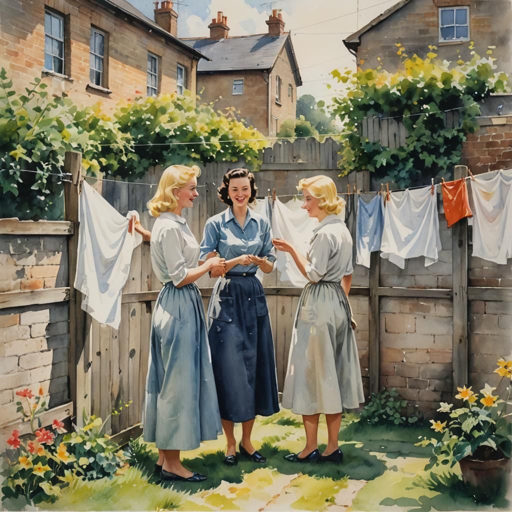1950s Watercolour of Women Chatting by Fence