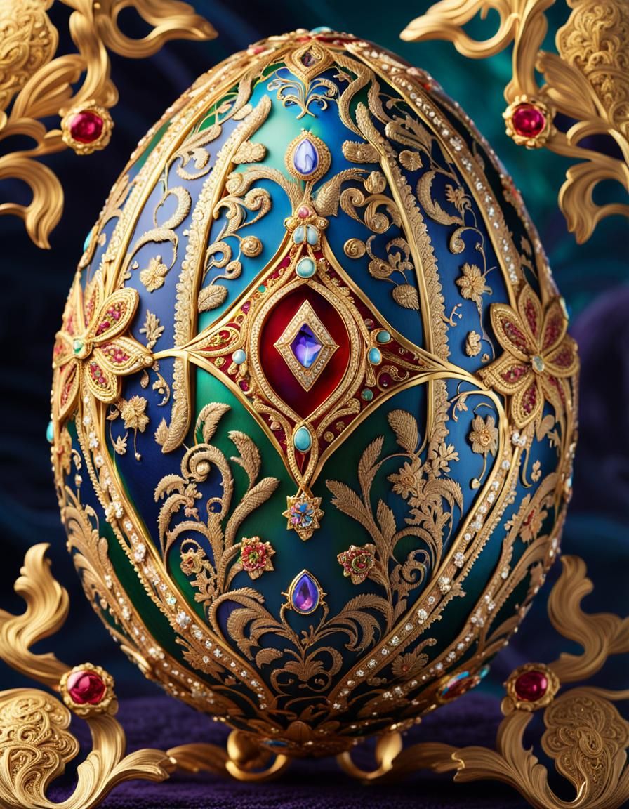 Ornate Fabergé Egg with Jewel Tones in Baroque Style