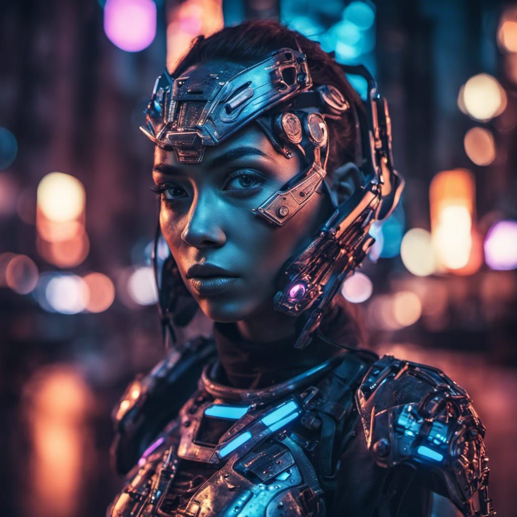 Cyborg Girl Portrait in Neon City at Night