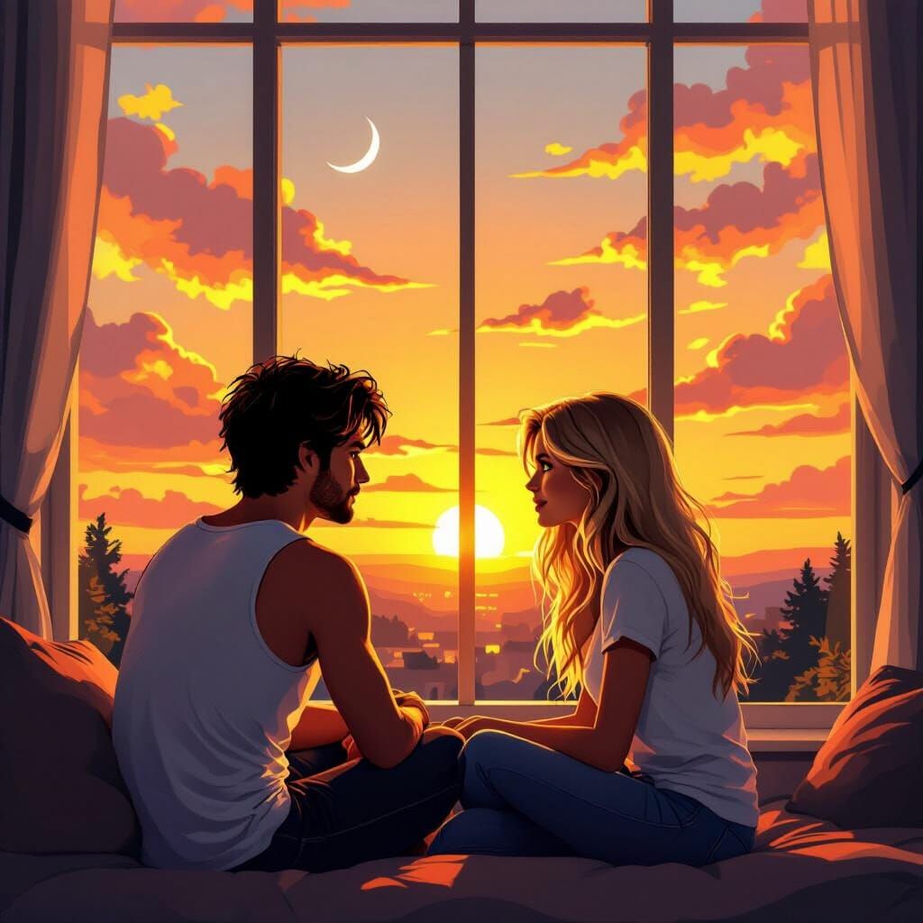 Couple Enjoying Golden Hour Sunset by Window
