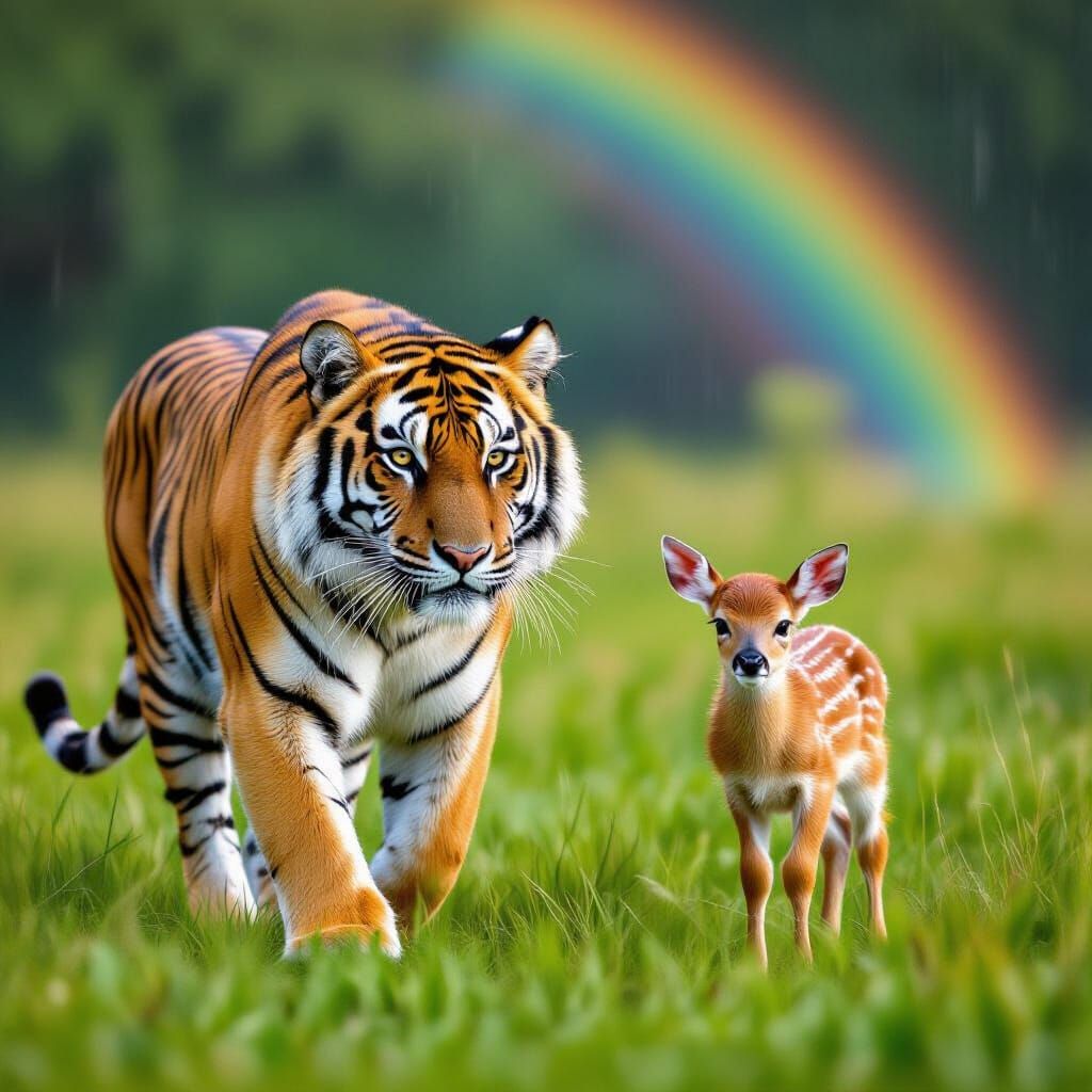 Tiger and Fawn Walk Together in Meadow with Rainbow