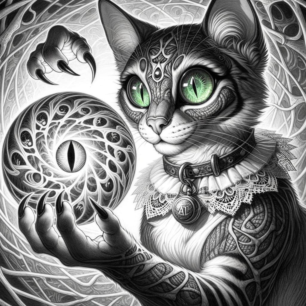 Mystical Feline Enchantress in Haitian Inspired Black and Wh...