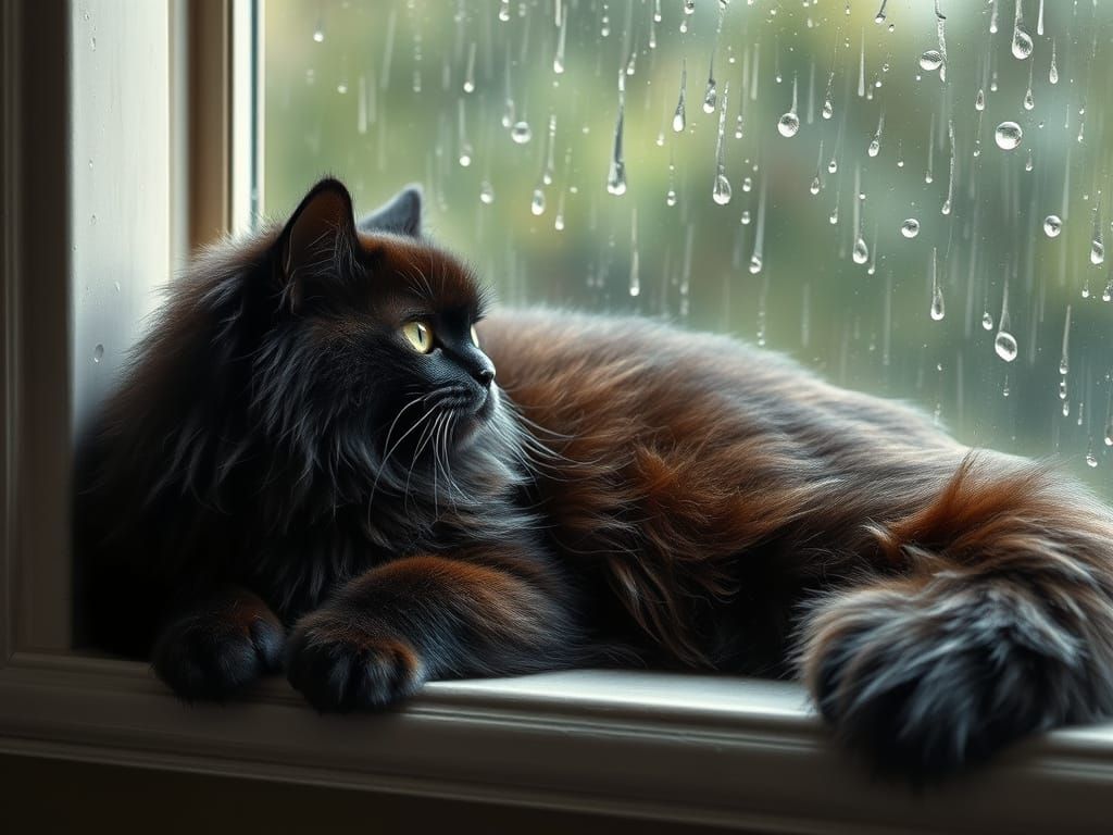 Serene Black Persian Cat in Rainy Window Scene