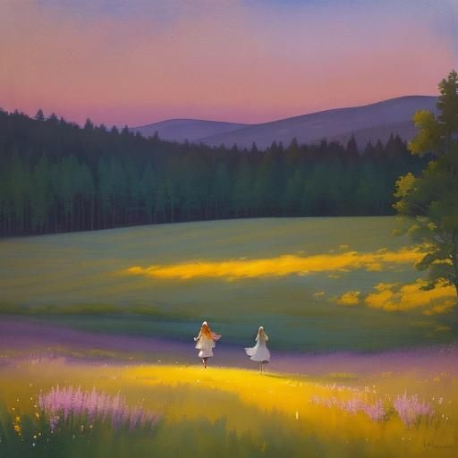 Woman and Dog in Moonlit Meadow: Watercolor Art
