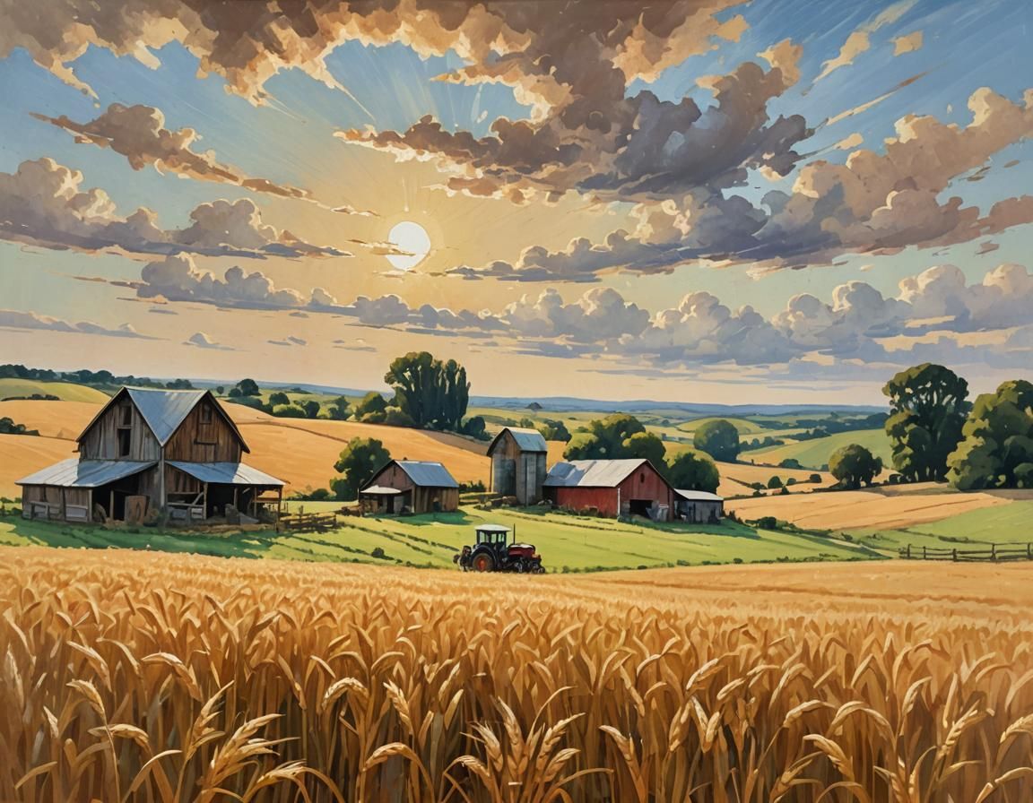 Neo-Impressionist Rural Landscape Painting in Gouache Style