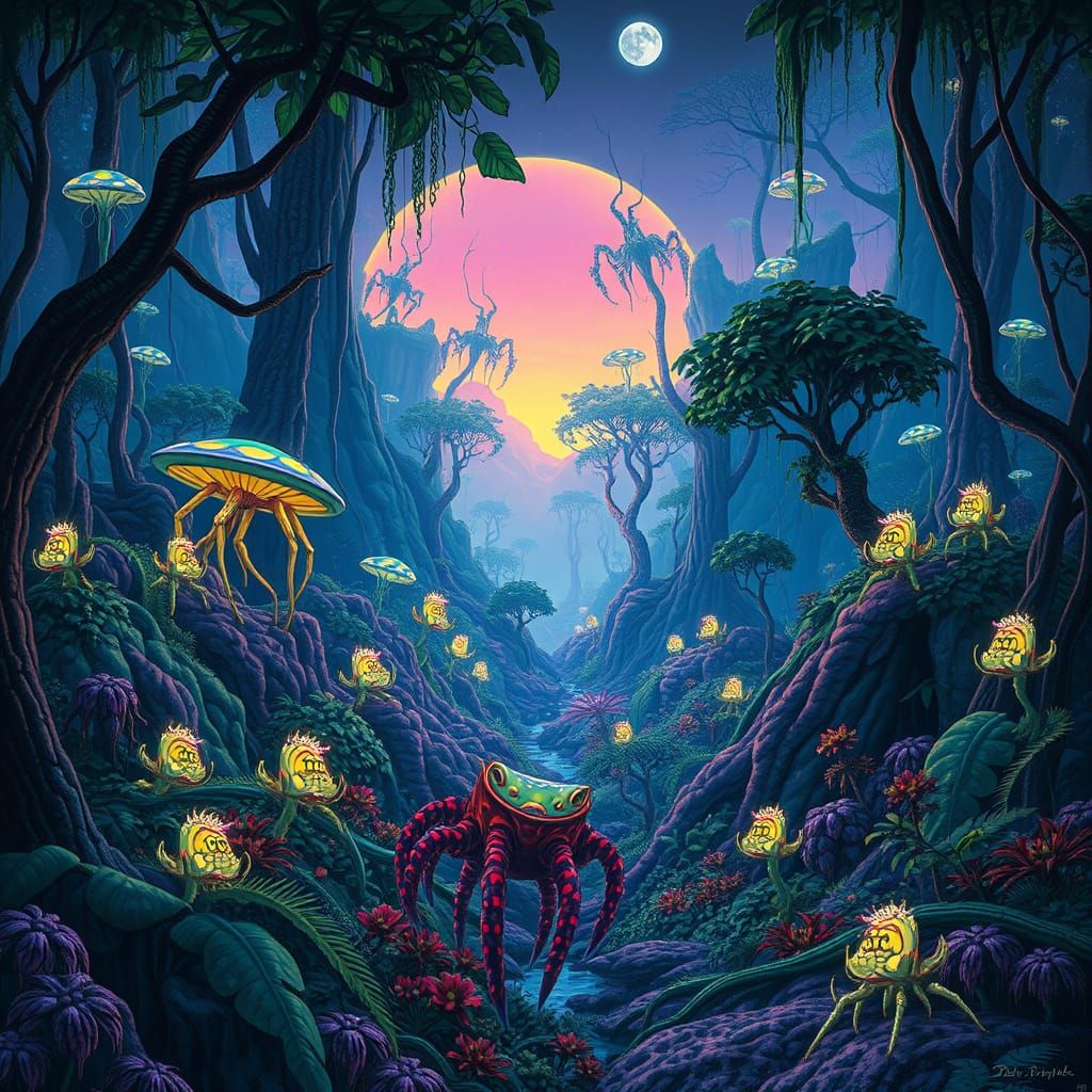 Alien Jungle With Bioluminescent Flora and Fauna