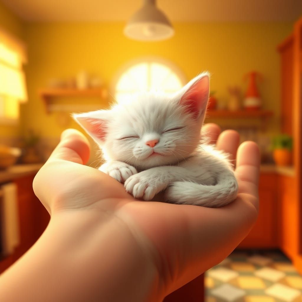 Tiny Cat in Giant Hand: 3D Digital Art
