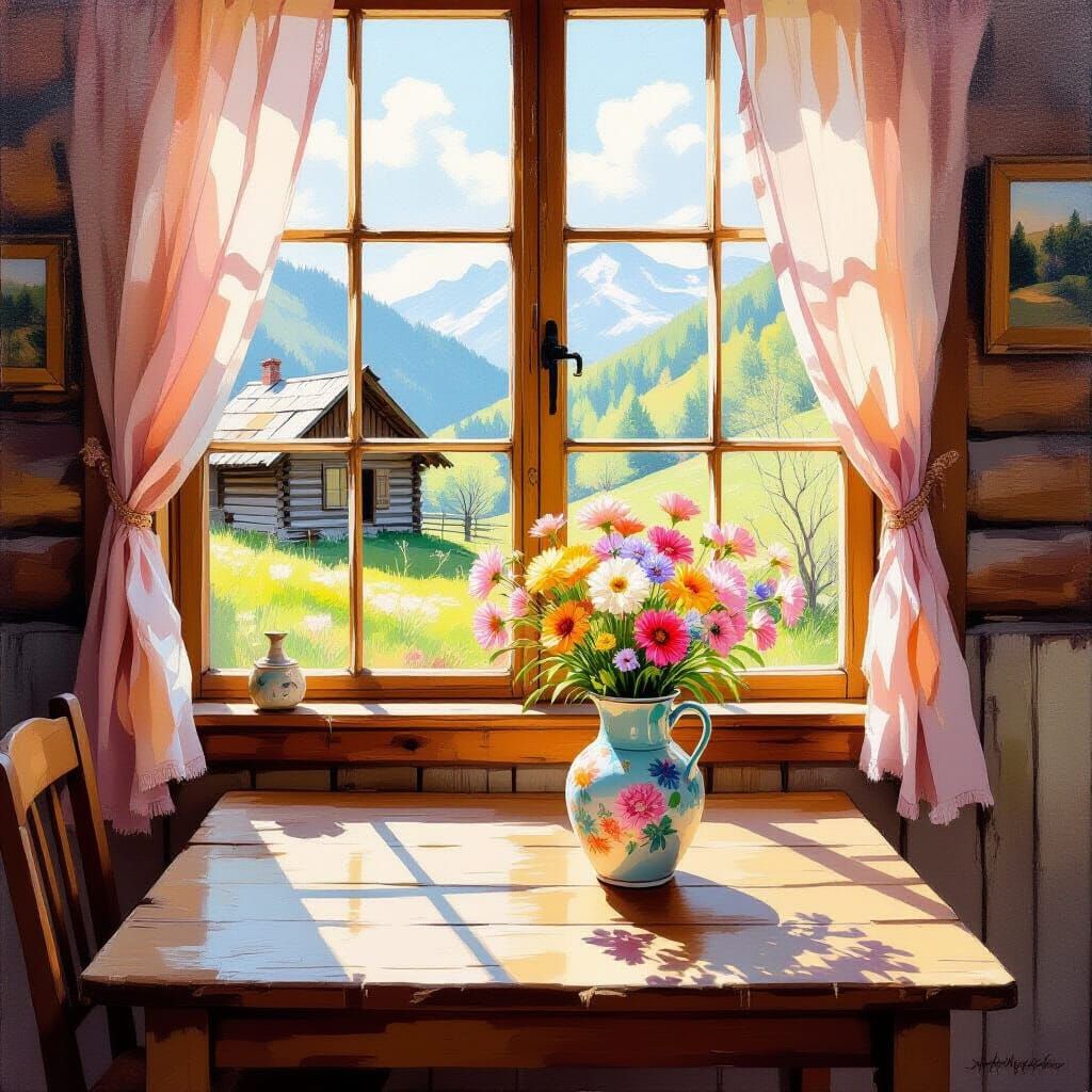 Rustic Cabin Kitchen Table with Wildflowers in Spring Mounta...