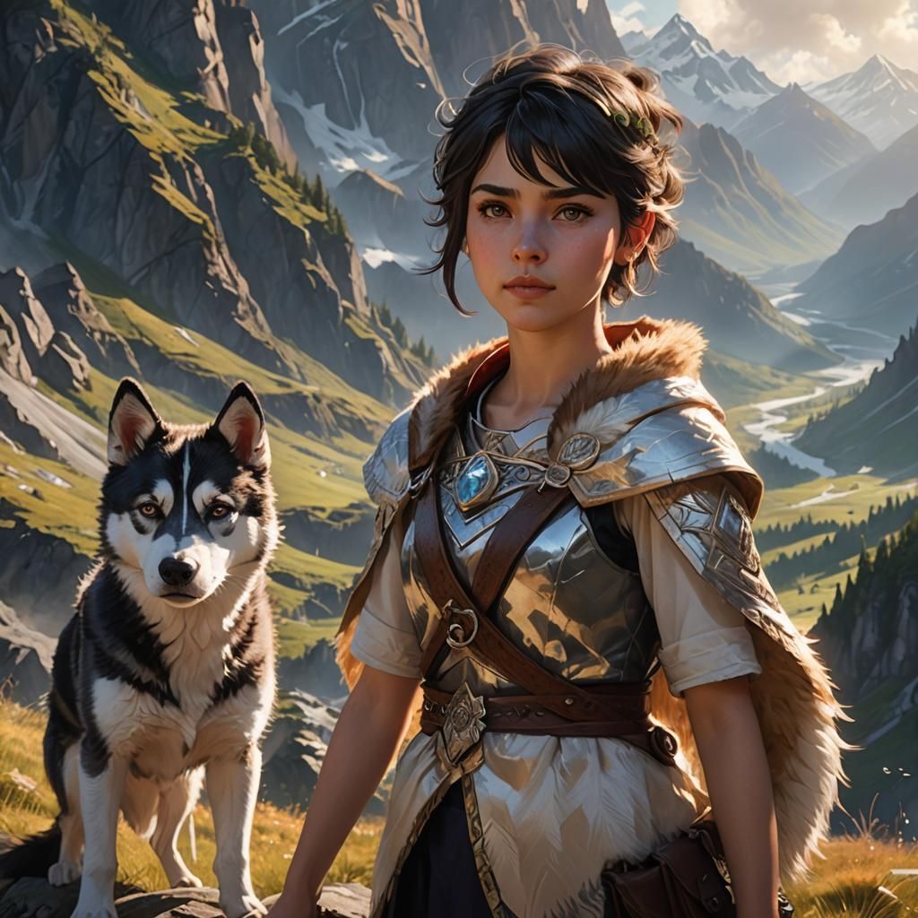 Girl with Husky in Mountain Landscape: Fantasy Art