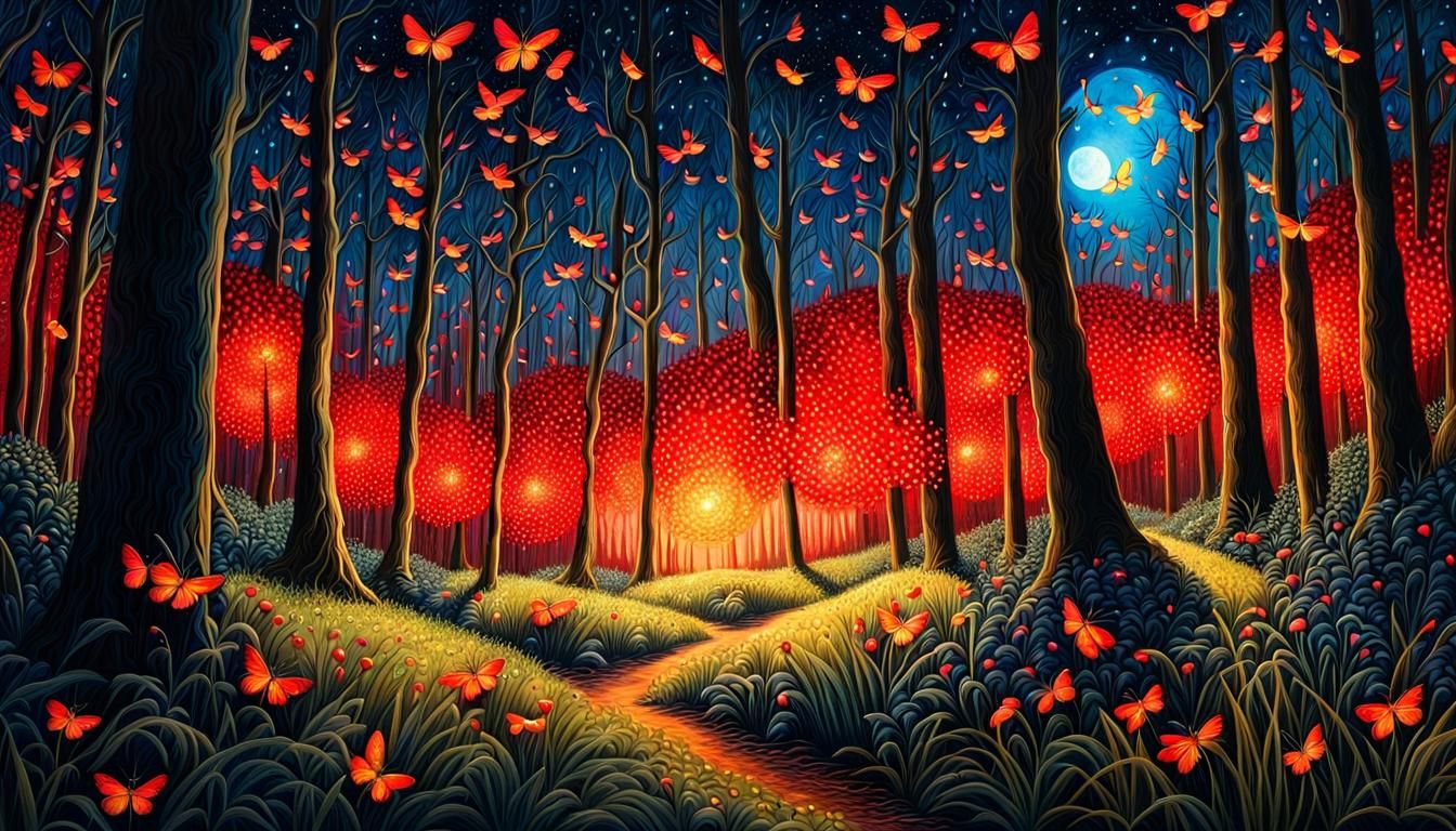 Fantastical Firefly Swarm Under a Blood Moon