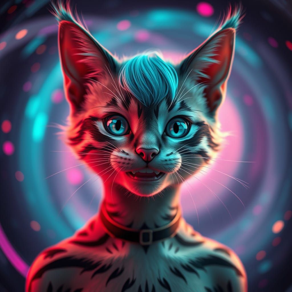 Symmetrical Cat Personage in Retro-Futuristic Camera Scene
