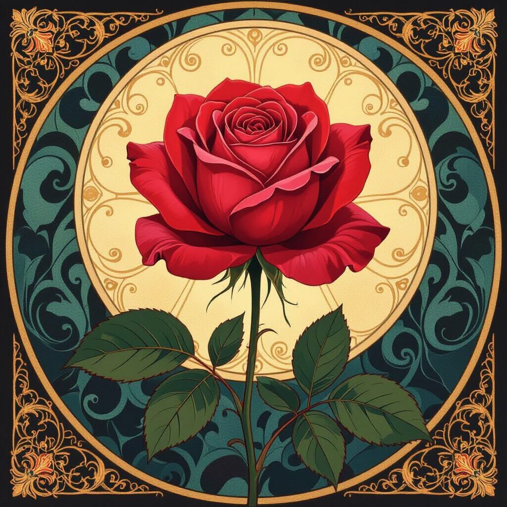 Velvet Red Rose in Art Nouveau Style