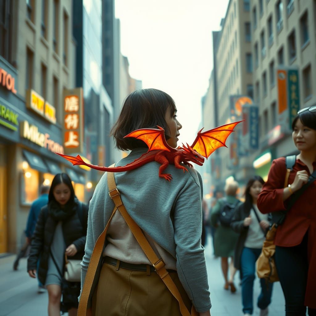 Confident City Stroll with a Majestic Dragon Companion