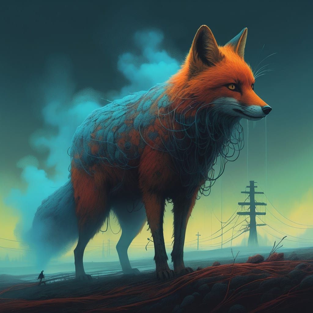 Surrealistic Vulpine Creature in Vibrant, Dreamlike Style