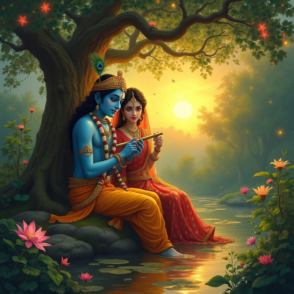 Radha and Krishna in Vrindavan Forest, Traditional Style