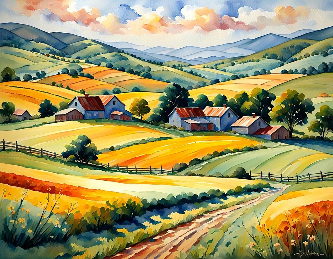 Sun-Drenched Countryside in Impasto Watercolor