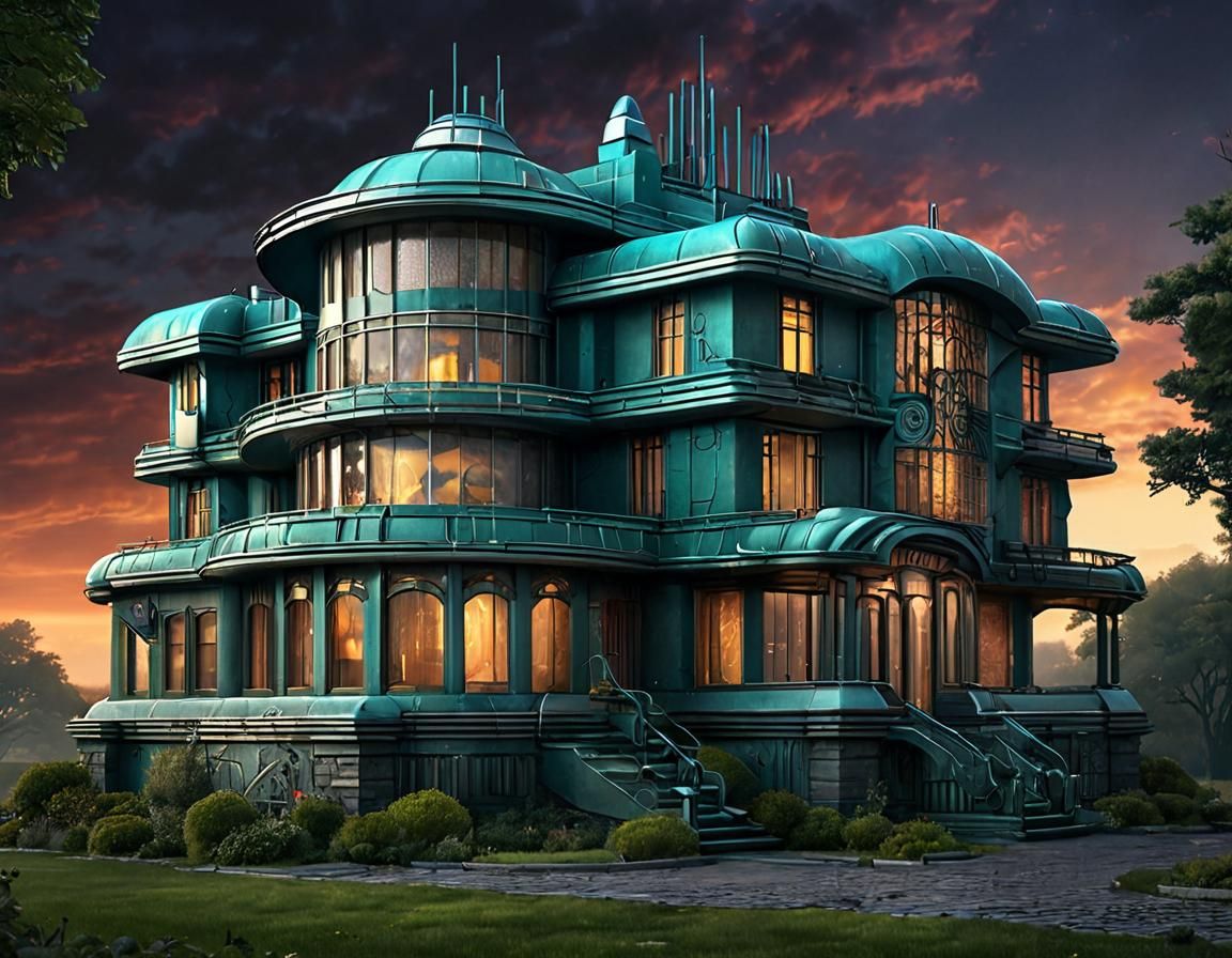 Biometric Art Deco Mansion: Sci-Fi Masterpiece
