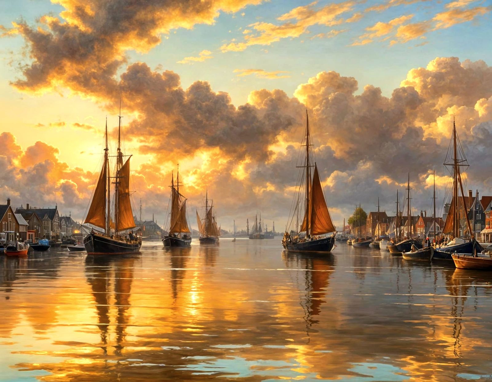 Dutch Harbor Sunset in Dutch Golden Age Painting Style