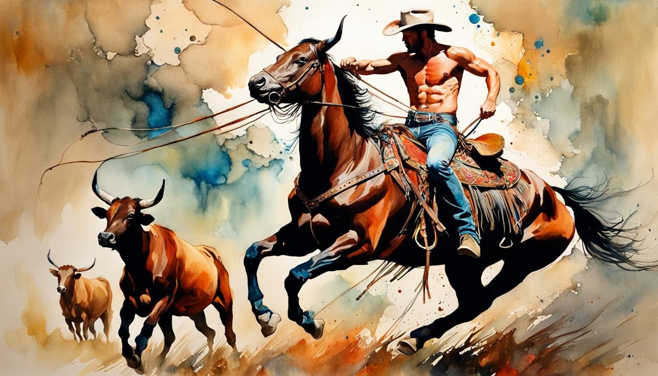 Cowboy Lassoing Bull: Liquid Ink Watercolor Painting