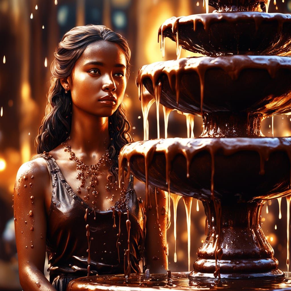 Maiden at Chocolate Fountain: Hyper-Realistic Digital Art