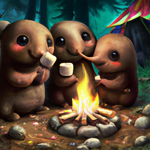 Moles Roasting Marshmallows in a Magical Forest