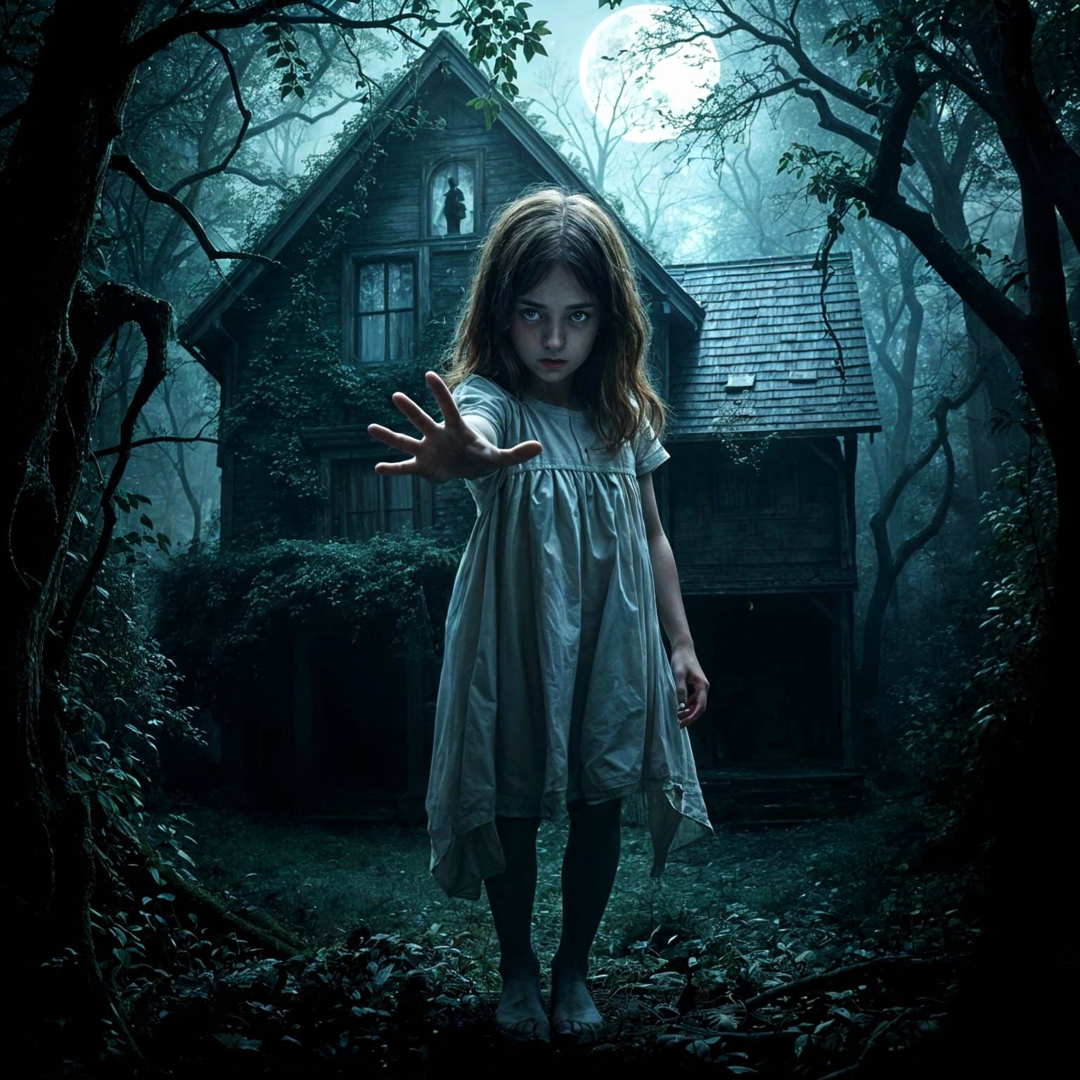 Ominous House in Dark Forest with Shadowy Figure