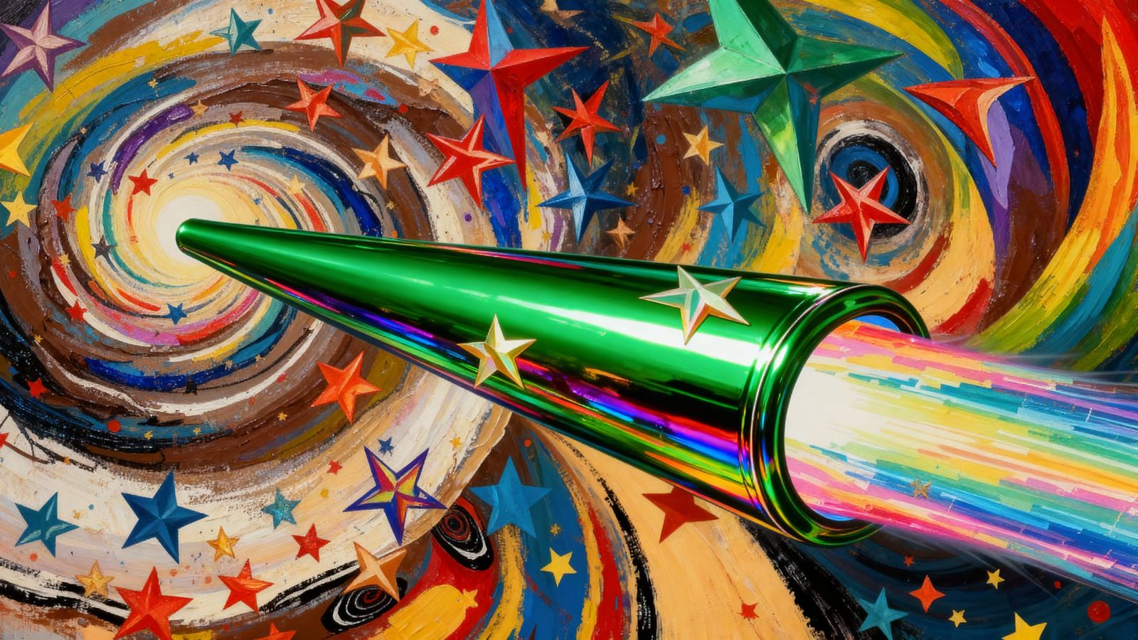 Sleek Rainbow-Green Cylinder with Fiery Exhaust and Cosmic V...