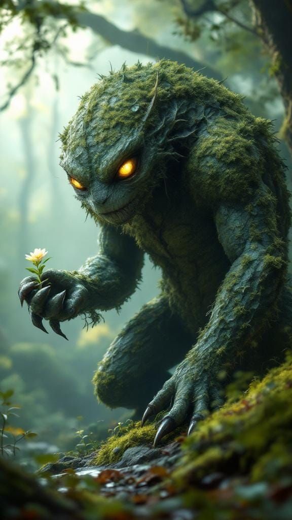Gentle Forest Guardian with Flower in Hyperrealism