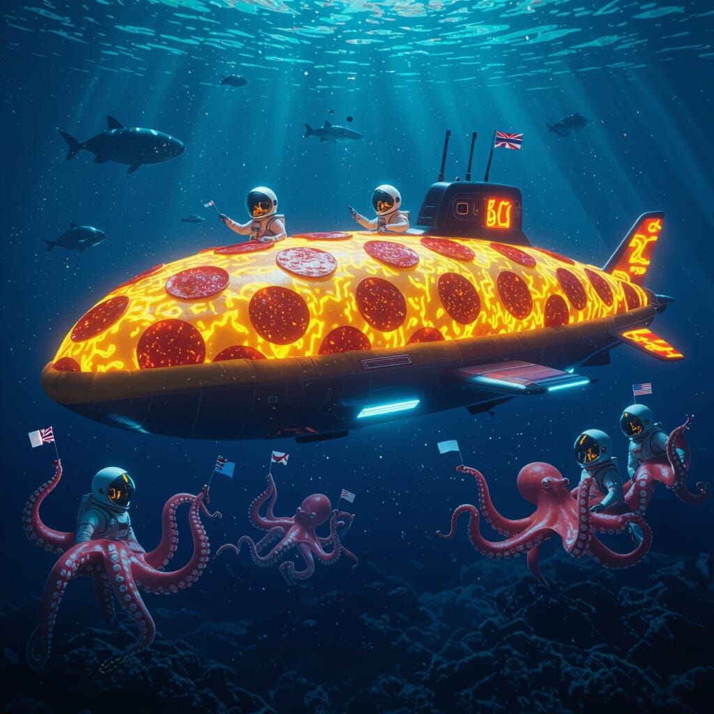 Pizza Submarine Adventure in Retro-Futuristic Style