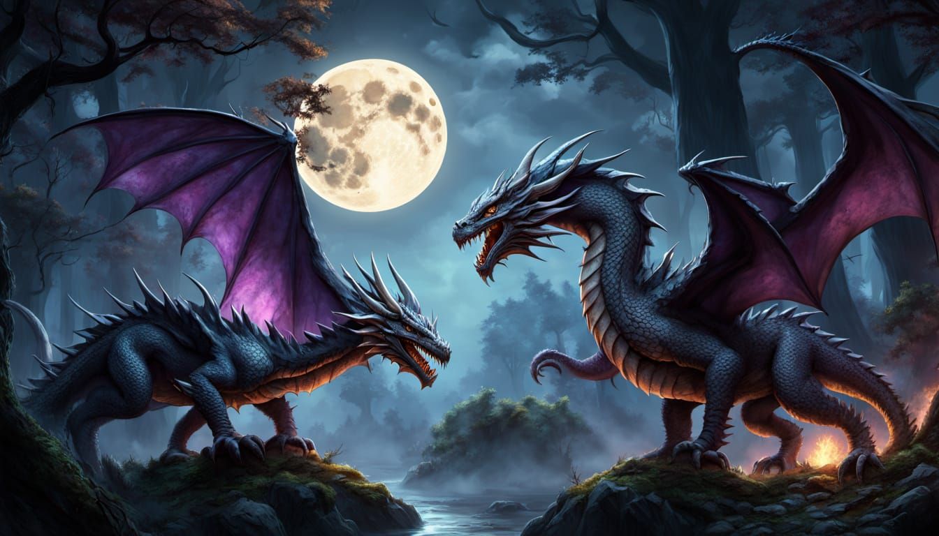 Epic Dragon Battle Under Moonlight, Digital Art