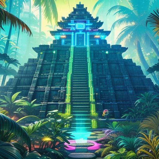 Cyberpunk Aztec Temple in Bioluminescent Jungle