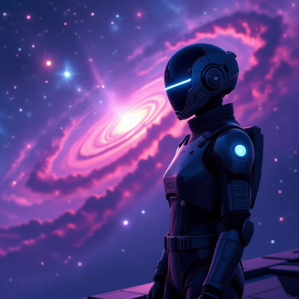 Android Gazing at Nebula in Futuristic Style