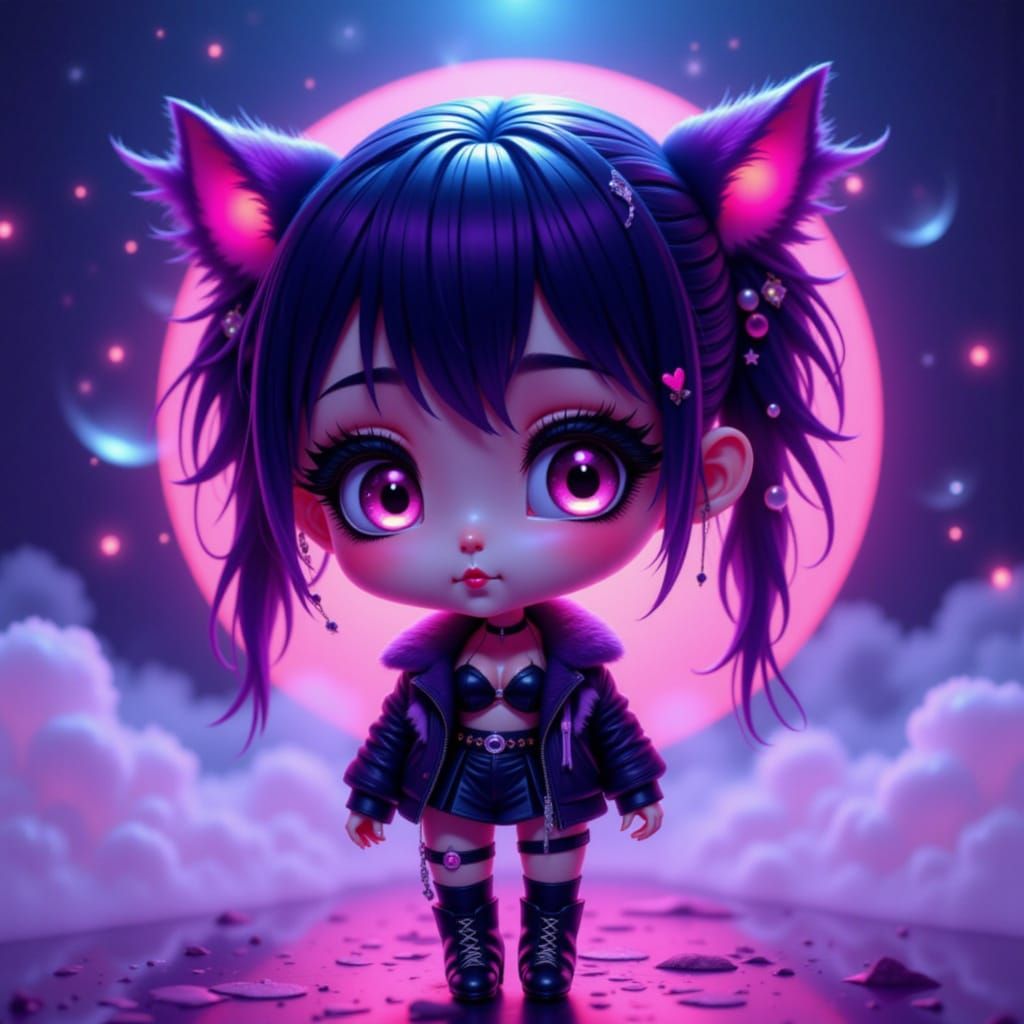 Edgy Chibi Character in Vibrant Anime Style with Neon Lighti...