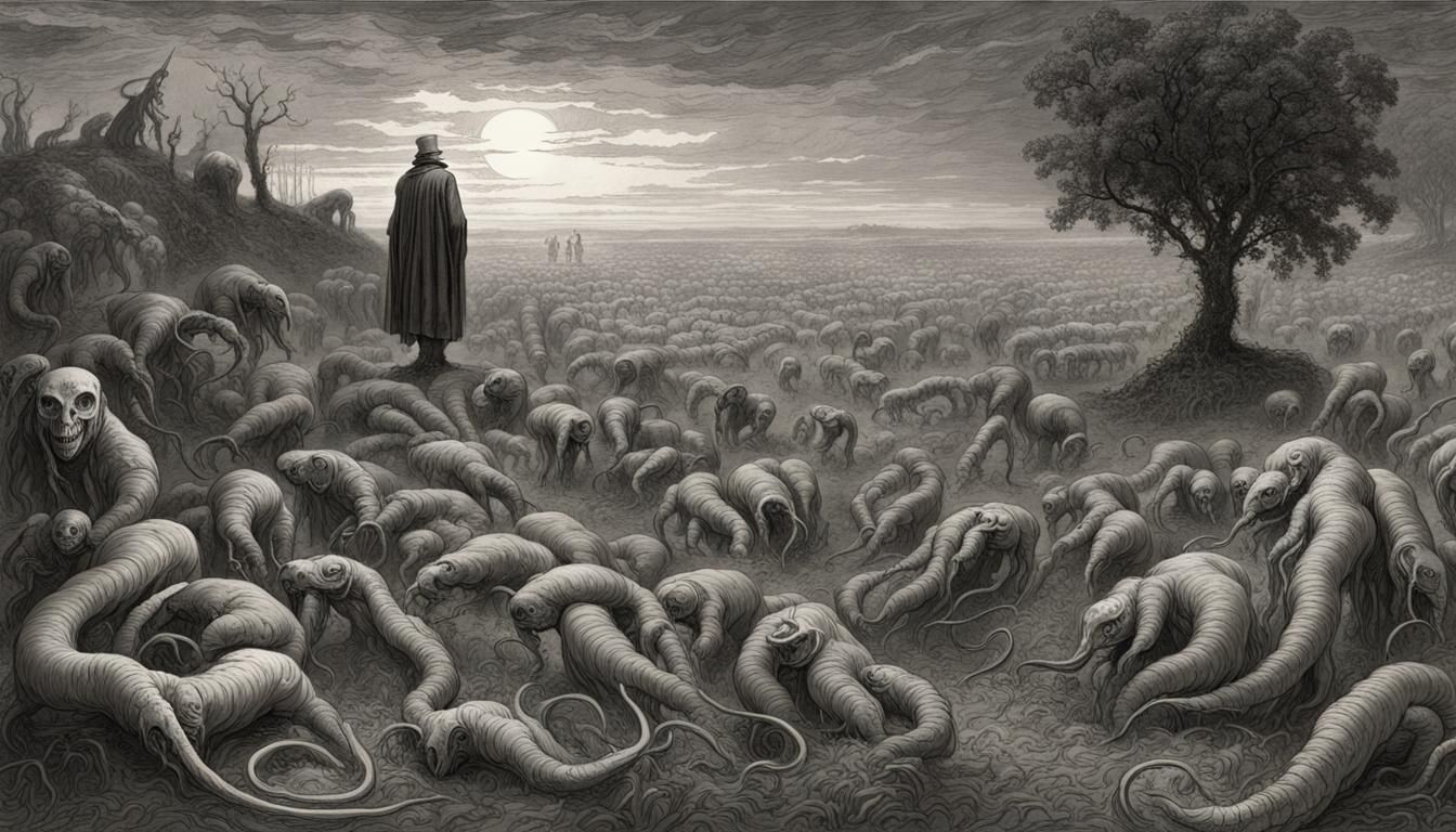 Horrific Parasite Meadow: A Dark Engraving