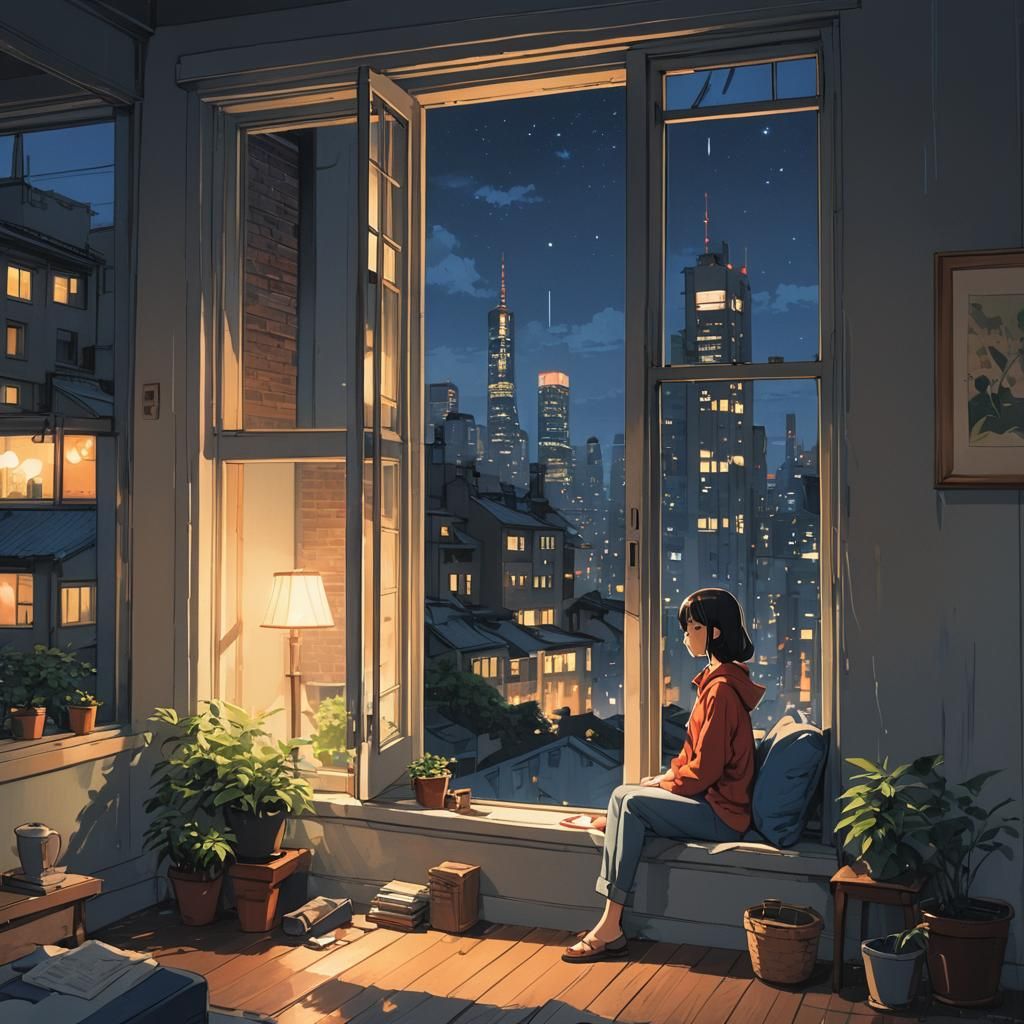 Anime Girl at Window, Acrylic Palette Knife Illustration