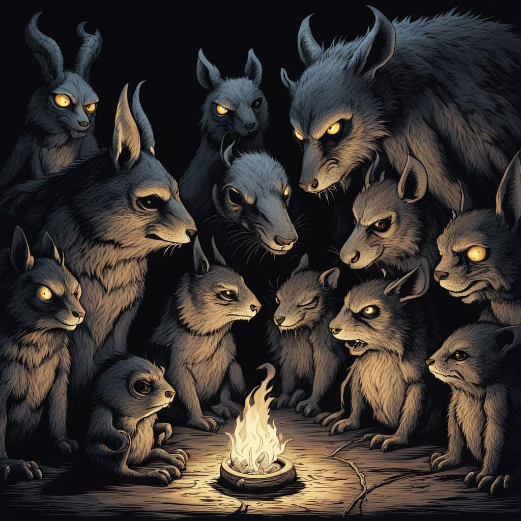 Gothic Plush Animals Plotting Under Flickering Light